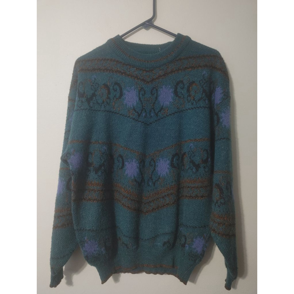 Women's(?) Vintage Adam Sloane Teal Brown Patterned Crew Neck Sweater L